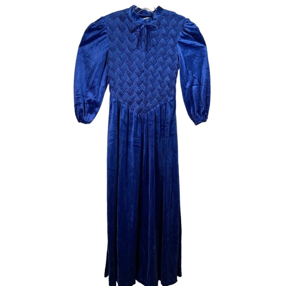 VTG Circa 2000 Womens Velour Zip Up Kaftan Robe Size S Blue Quilted Puff Sleeve‎
